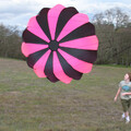 Pink and black rocketry and drone parachute fully expanded in the wind during field test