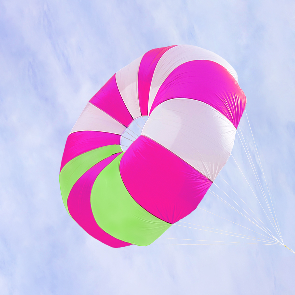 Iris Ultra Compact Custom Parachute in pink, green and white by Fruity Chutes