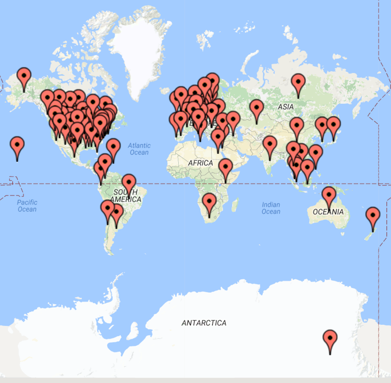 Map of Fruity Chutes' customers around the world