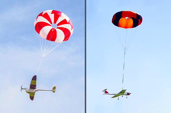 Fixed wing systems descending after passive deployment of parachutes
