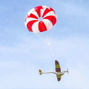 Fixed wing UAV descending under Fruity Chute parachute