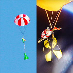 Rocket and balloon research system, each descending under Fruity Chute parachutes