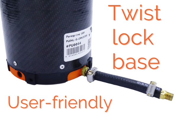 Closeup view of the ballistic parachute canister's twist lock base