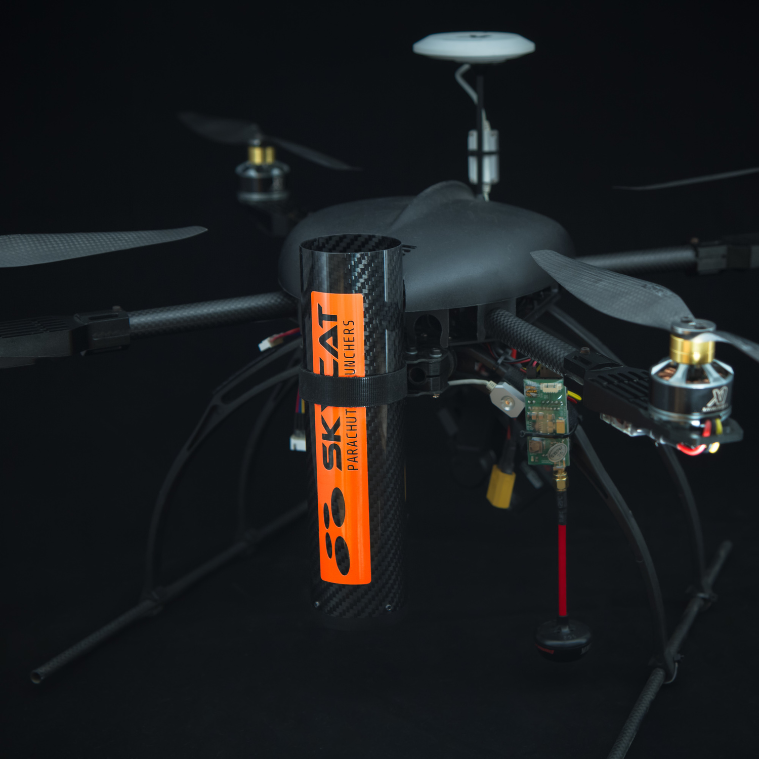 Skycat Drone Parachute Launcher mounted on a quadcopter